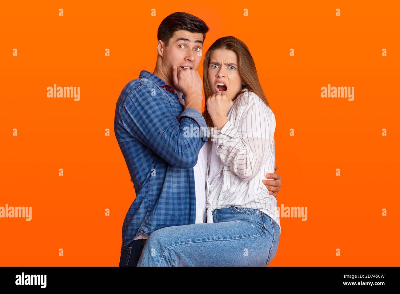 Omg, what is this and portrait of scared couple, human emotions and facial expression Stock Photo