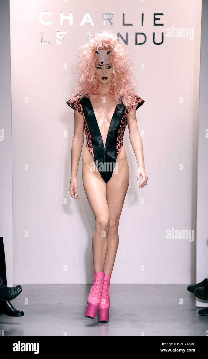 A model on the catwalk at the Charlie Le Mindu fashion show, held