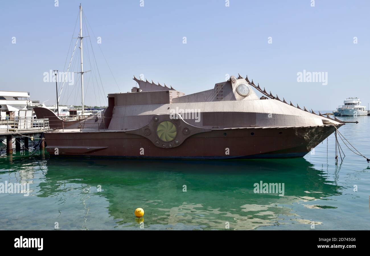 Replica of Jules Vernes Nautilus ship from 20,000 Leagues Under the Sea in Paphos harbour, Cyprus Stock Photo