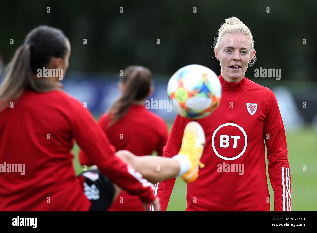 Pontypridd, UK. 20th Oct, 2020. Sophie Ingle of Wales Women (r) during the UEFA Women's Euro 2022 qualifying, Wales women football squad training session at the USW Sports Park in Treforest. Pontypridd, South Wales on Tuesday 20th October 2020. The team are preparing for their forthcoming matches against the Faroe Islands and Norway. Pic by Andrew Orchard/Alamy Live News Stock Photo