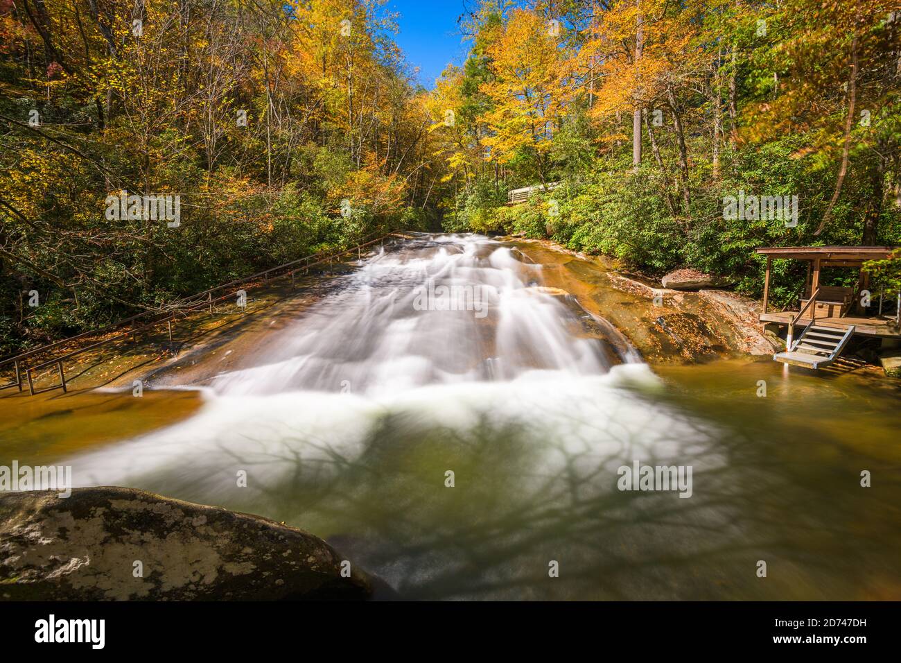 Sliding Rock Falls on Looking Glass Creek in Pisgah National Forest, North Carolina, USA in the autumn season. Stock Photo