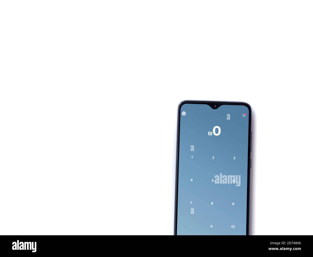 Lod, Israel - July 8, 2020: PAY app launch screen with logo on the display of a black mobile smartphone isolated on white background. Top view flat la Stock Photo