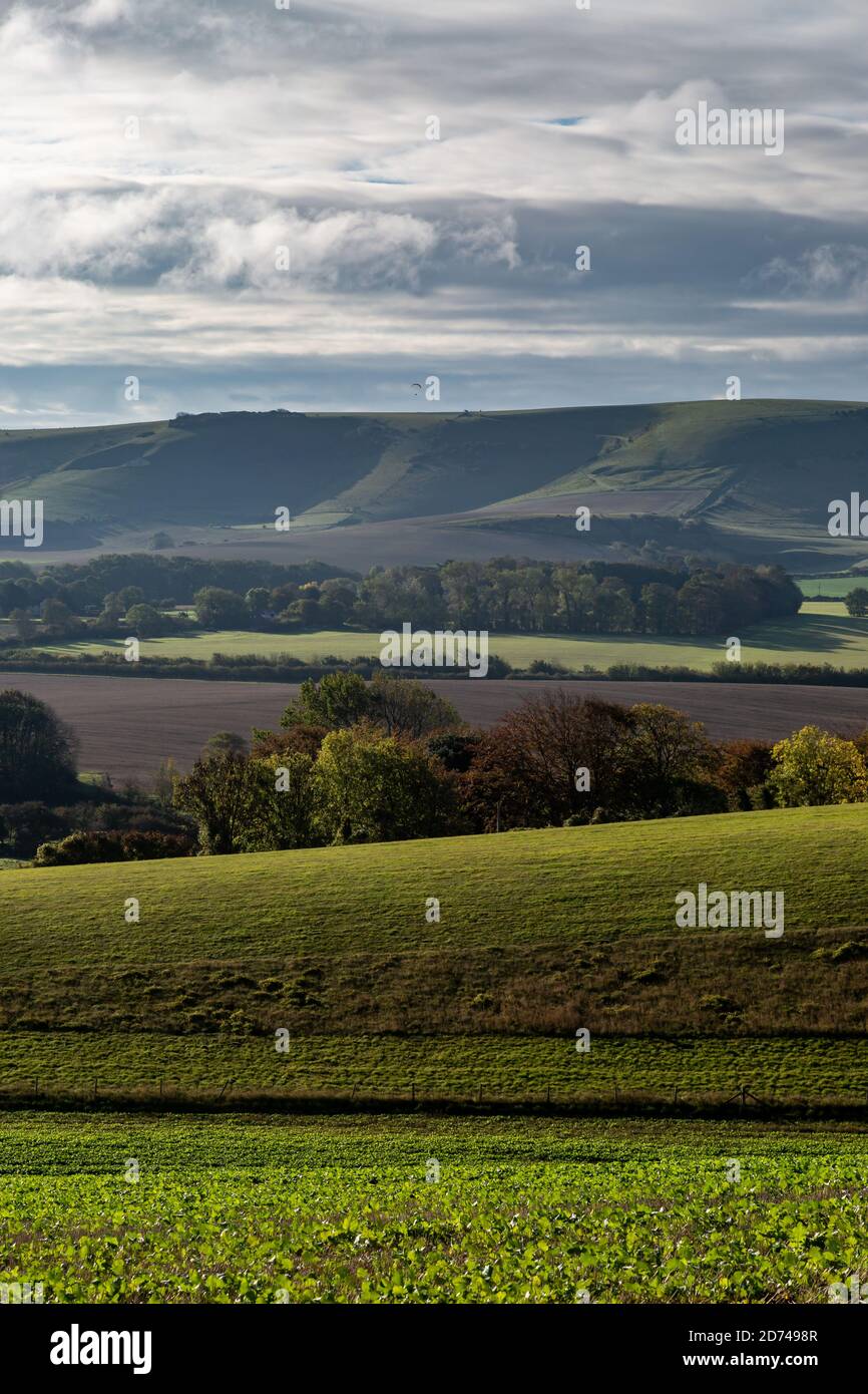 Looking across Sussex farmland towards Firle Beacon,  early on an autumn morning Stock Photo