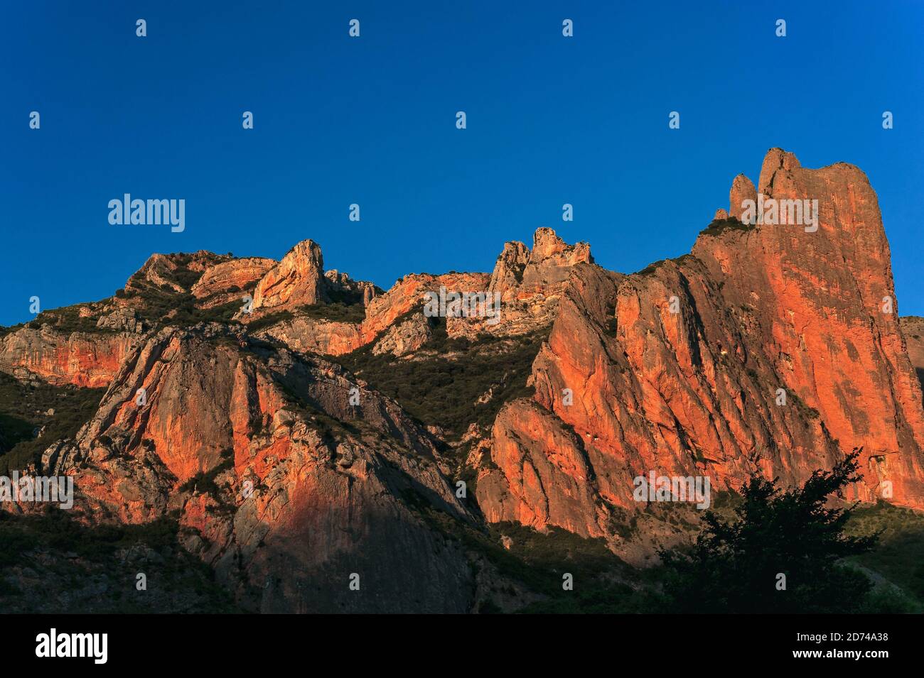 The majestic Mallos de Riglos, a spectacular natural gateway to the Pyrenees, glow bright orange-red in evening sunlight in Huesca Province, Aragon, Spain.  Los Mallos (The Mallets) formed at least 20 million years ago, when material washed down from Pyrenean slopes compacted with limestone to form conglomerate rock.  The distinctive ‘mallets’, sculpted by erosion, are a physical border between the Pyrenean foothills and the Ebro Basin, rising to around 300 m (980 ft).  In the 11th century, the Mallos area was briefly an independent kingdom after Pedro, King of Aragon, gave it as a dowry. Stock Photo