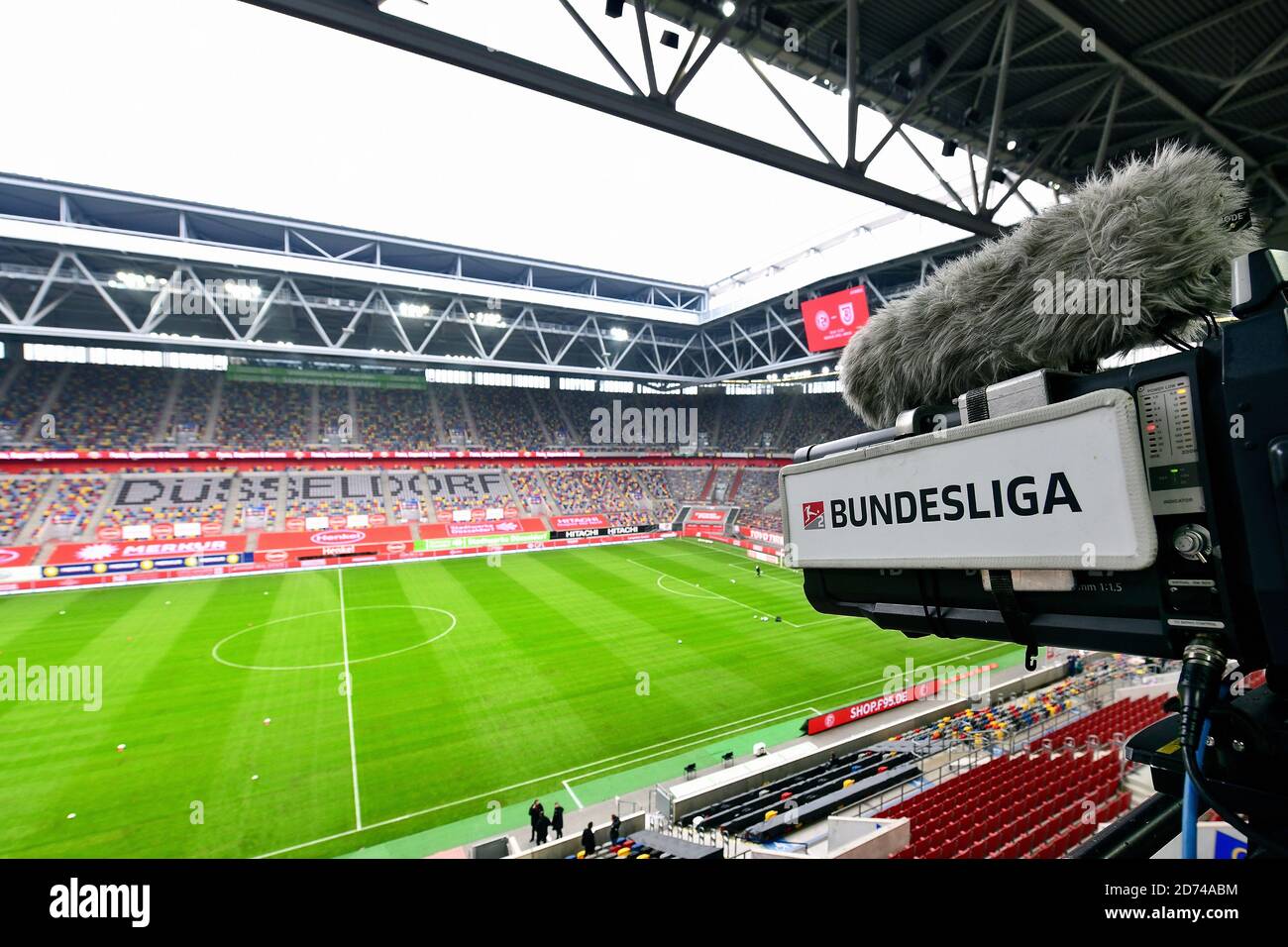 Overview of the empty Merkur Spiel Arena in Dusseldorf, Germany with TV cameras. Stock Photo
