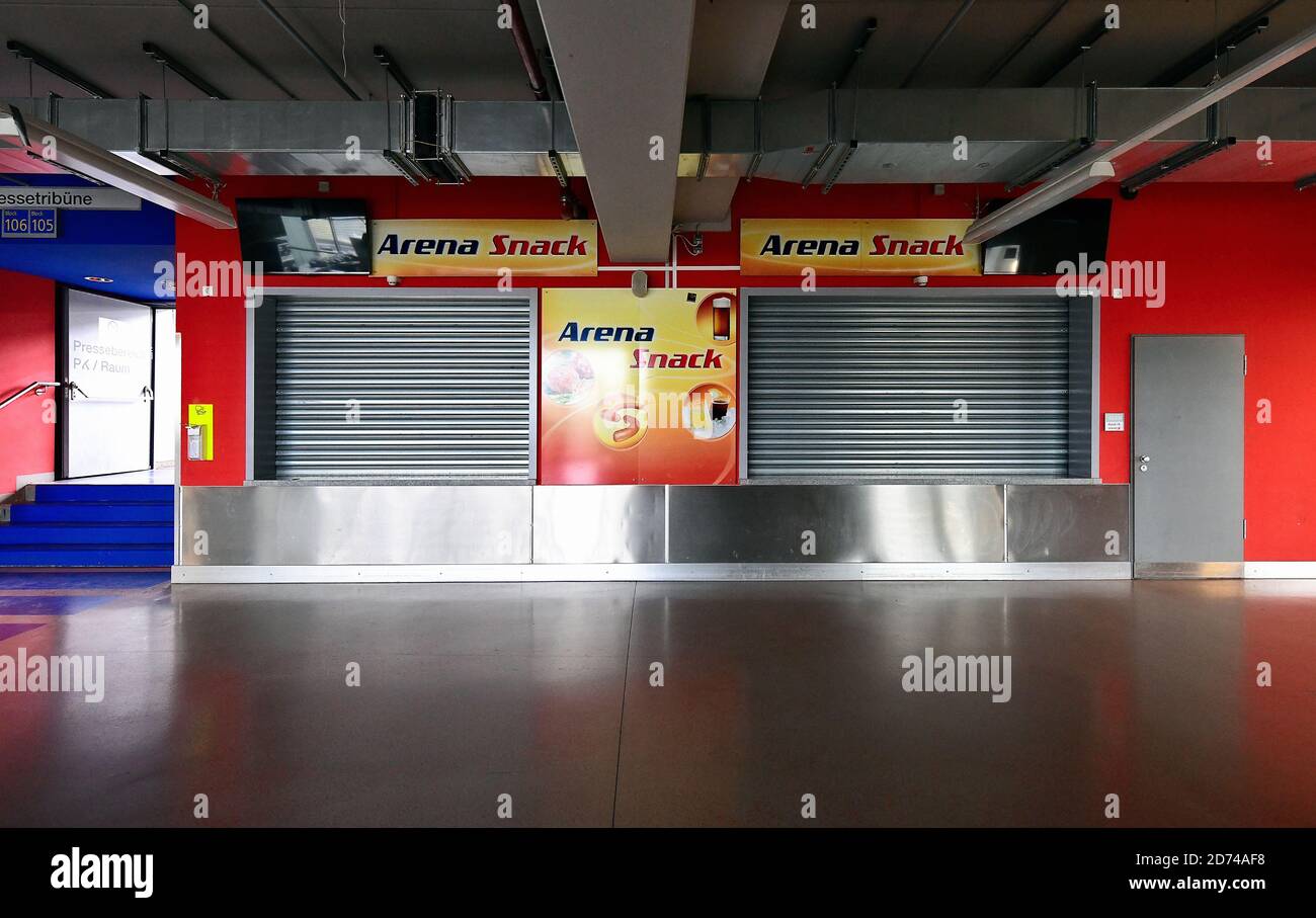 Closed snack bar in the circulation of the Merkur-Spiel-Arena in Dusseldorf, Germany Stock Photo