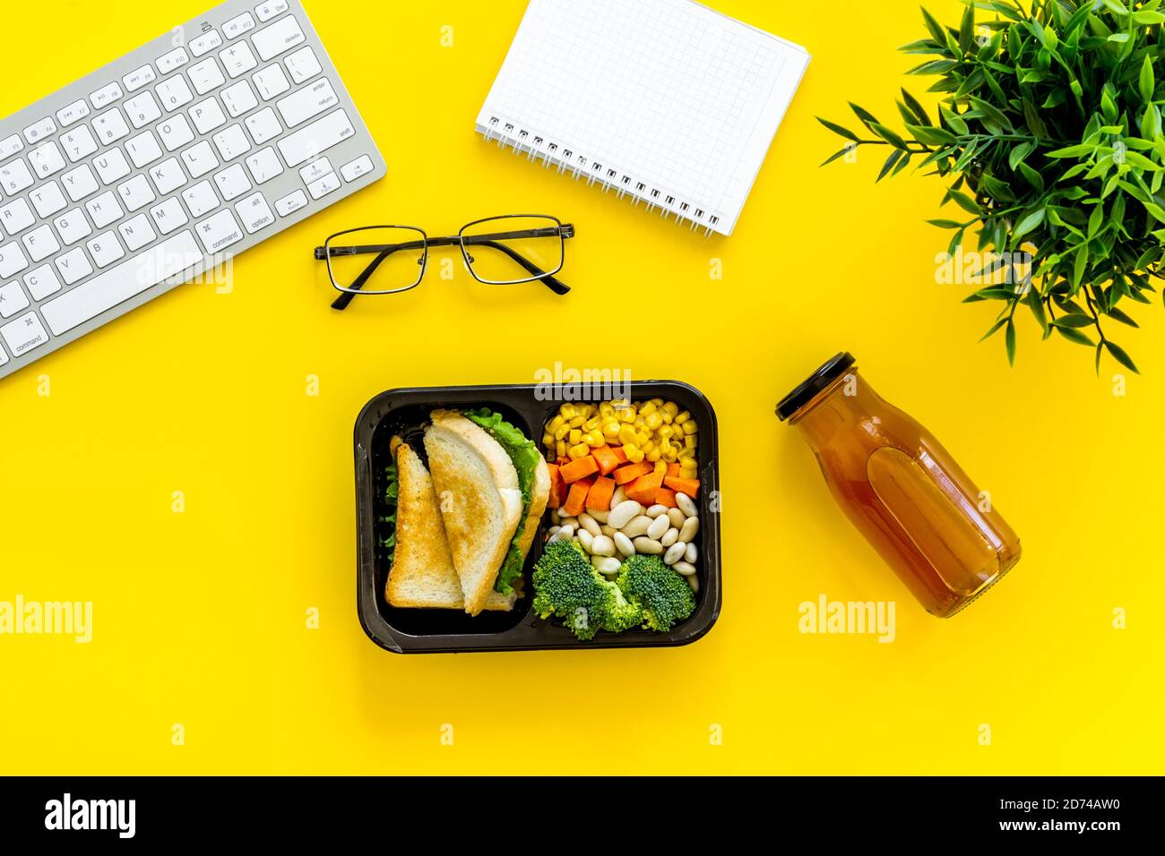 Food delivery to office. Business lunch in take away box, top view