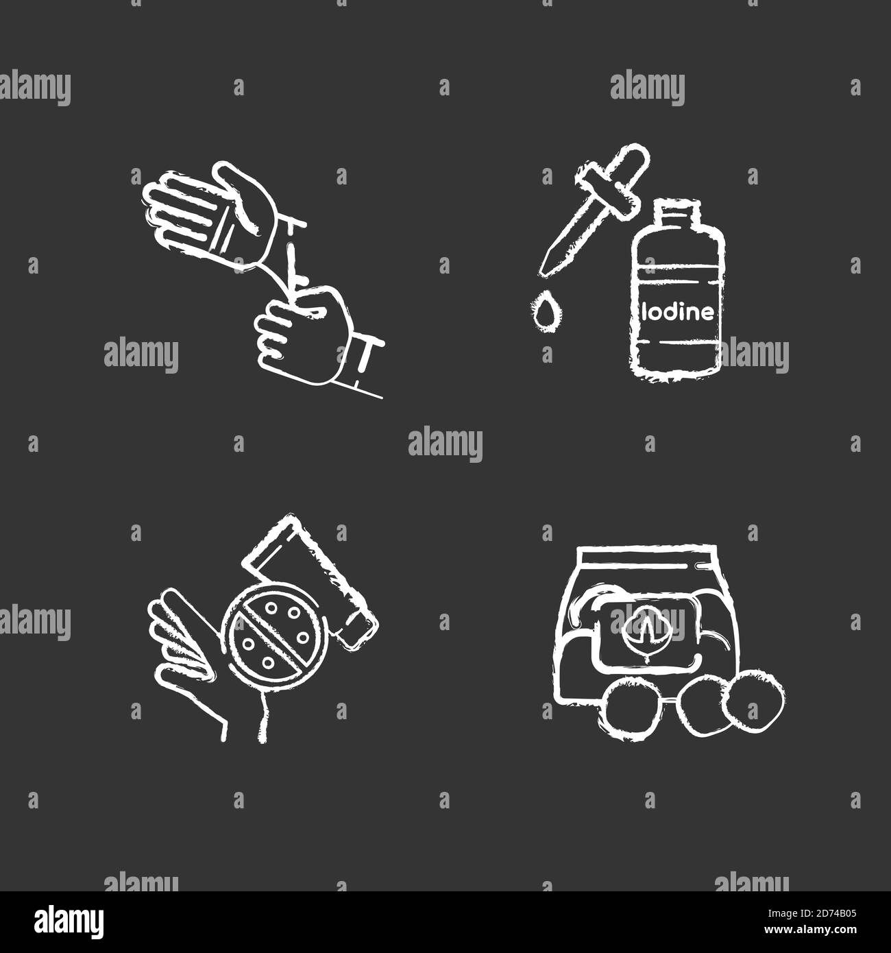Medical equipment chalk white icons set on black background Stock