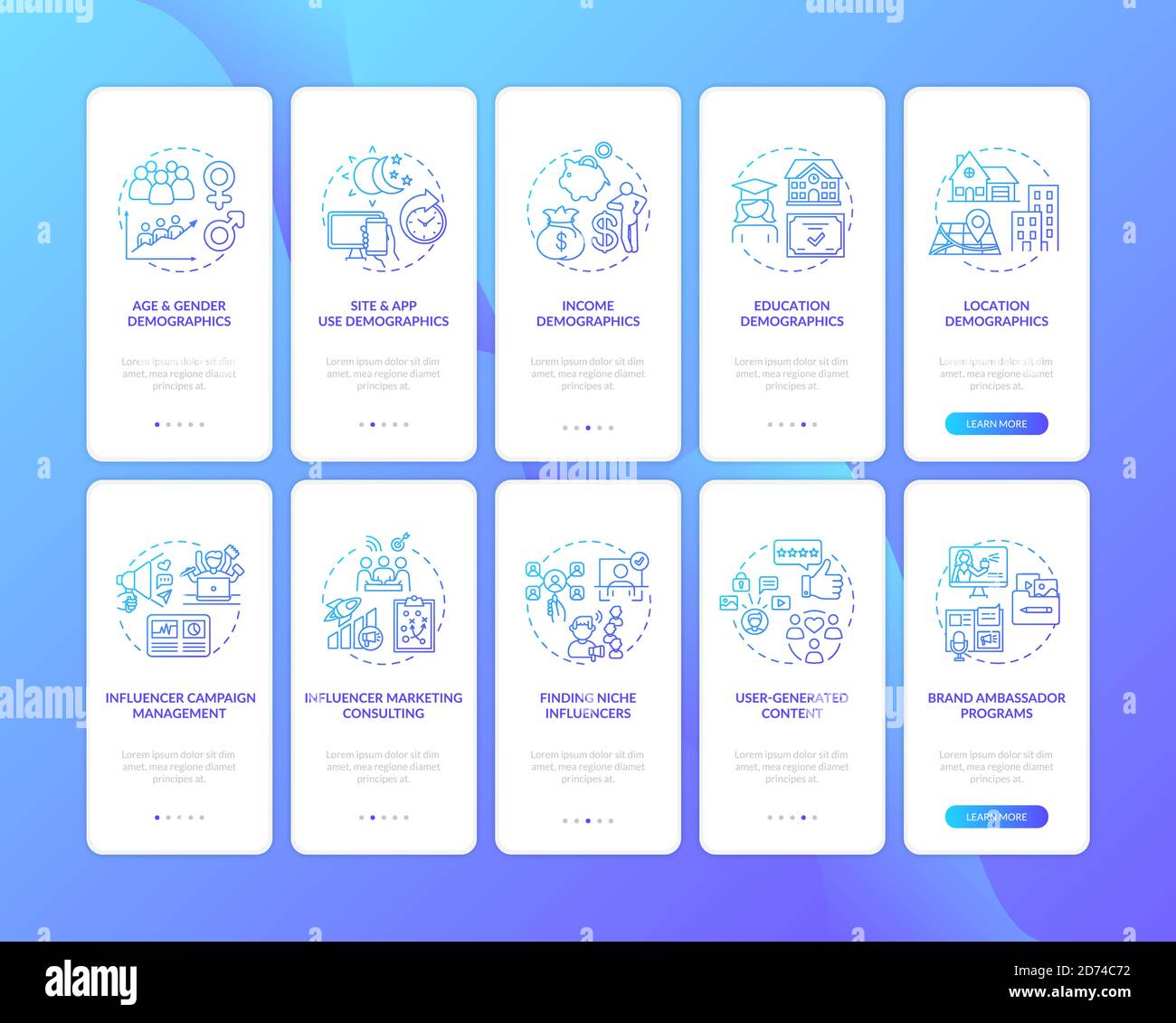 Social media demographics onboarding mobile app page screen with ...