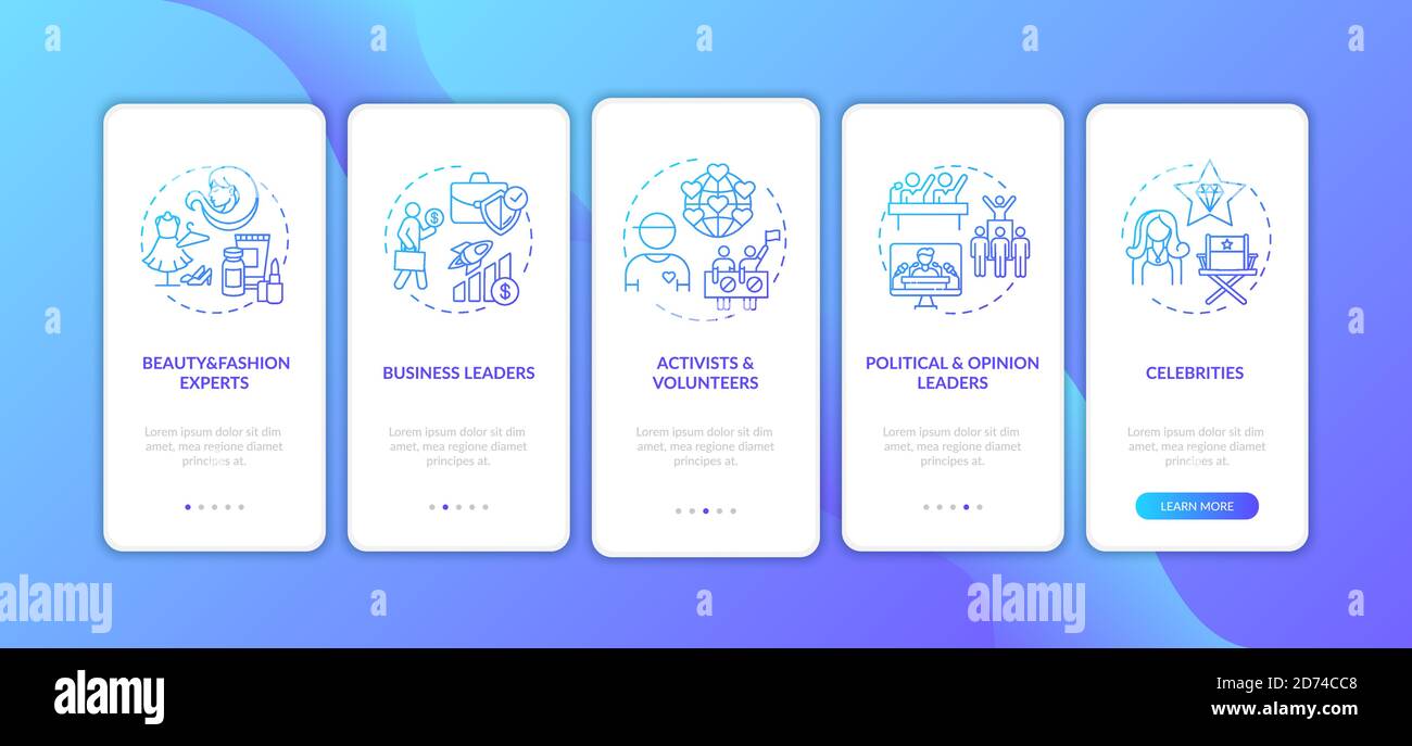 Influencers types onboarding mobile app page screen with concepts Stock Vector