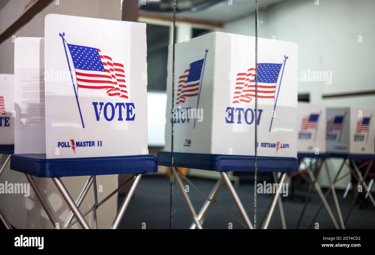 BROWNFIELD, TX - 10/09/2020 -  Voting booths at polling station during American elections. Stock Photo