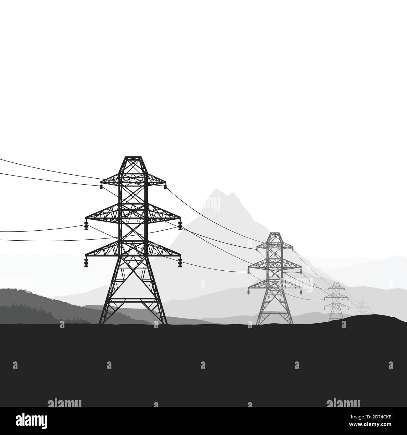 image of electric towers in nature silhouette Stock Vector