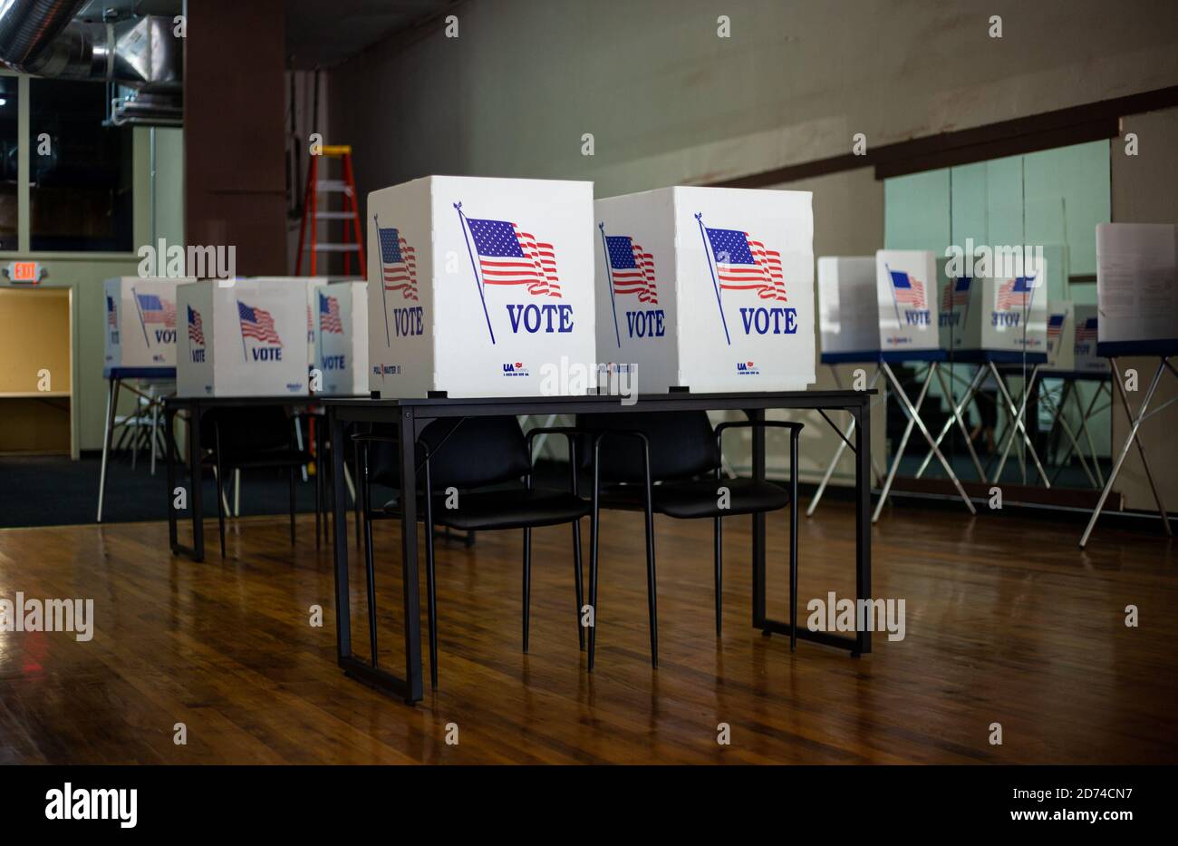 BROWNFIELD, TX - 10/09/2020 -  Voting booths at polling station during American elections. Stock Photo
