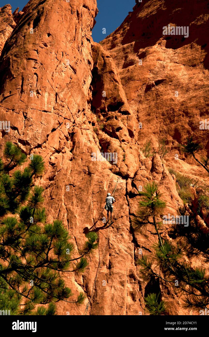 Rock Climbing in Garden of the Gods Park in Colorado Springs, Colorado, USA Stock Photo