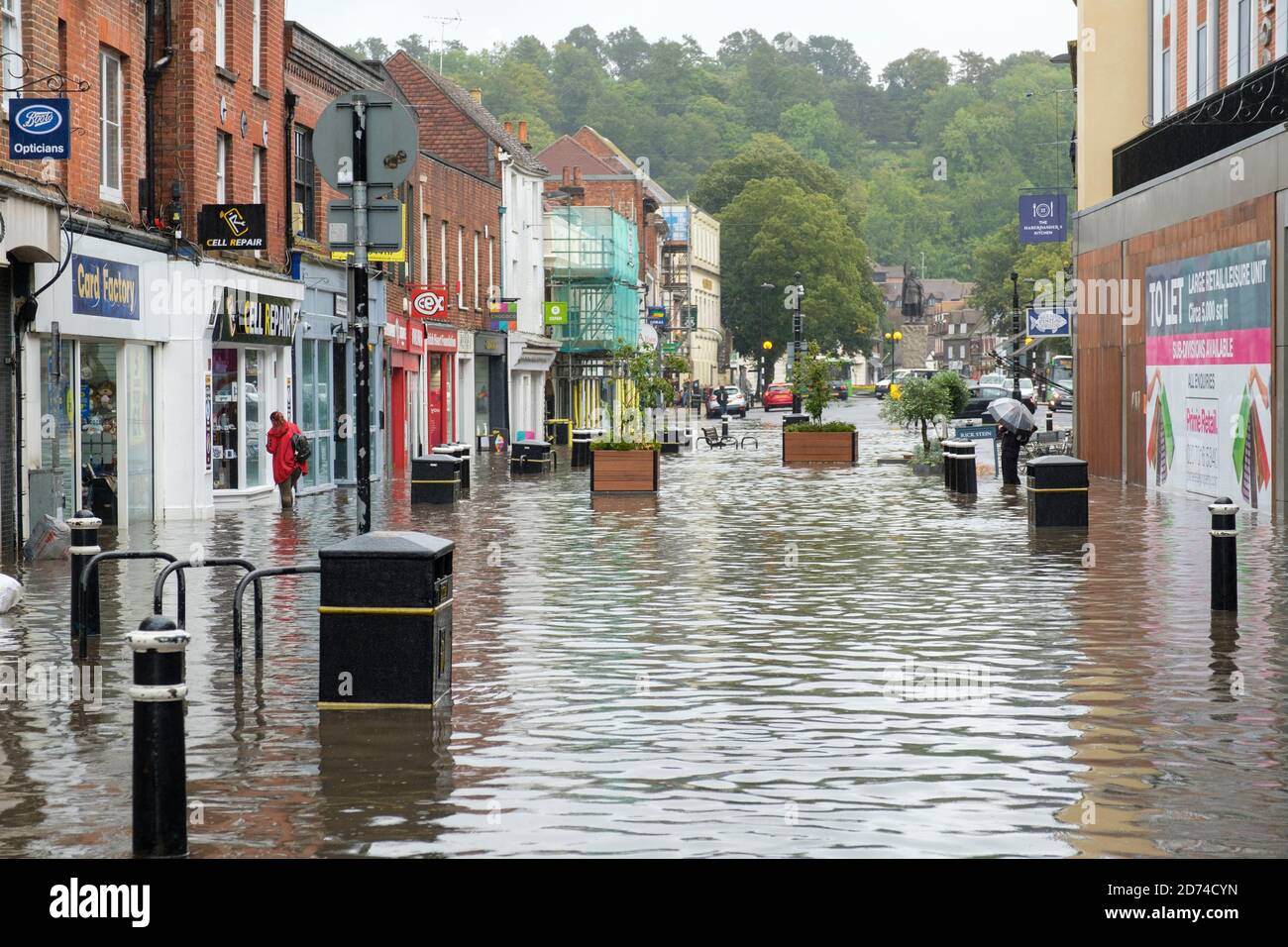 Winchester, England ,UK  27/08/2020 Flooding on the High street in Winchester after heavy downpours due to storm Francis. ©Alistair Heap +44(0)7967638 Stock Photo