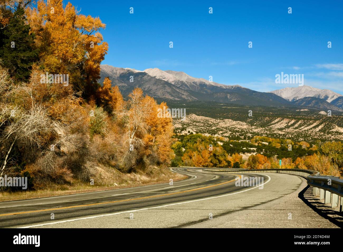 Beautiful Fall Drive on a Winding County Road in Salida, Colorado, USA.  Rocky Mountains. Stock Photo