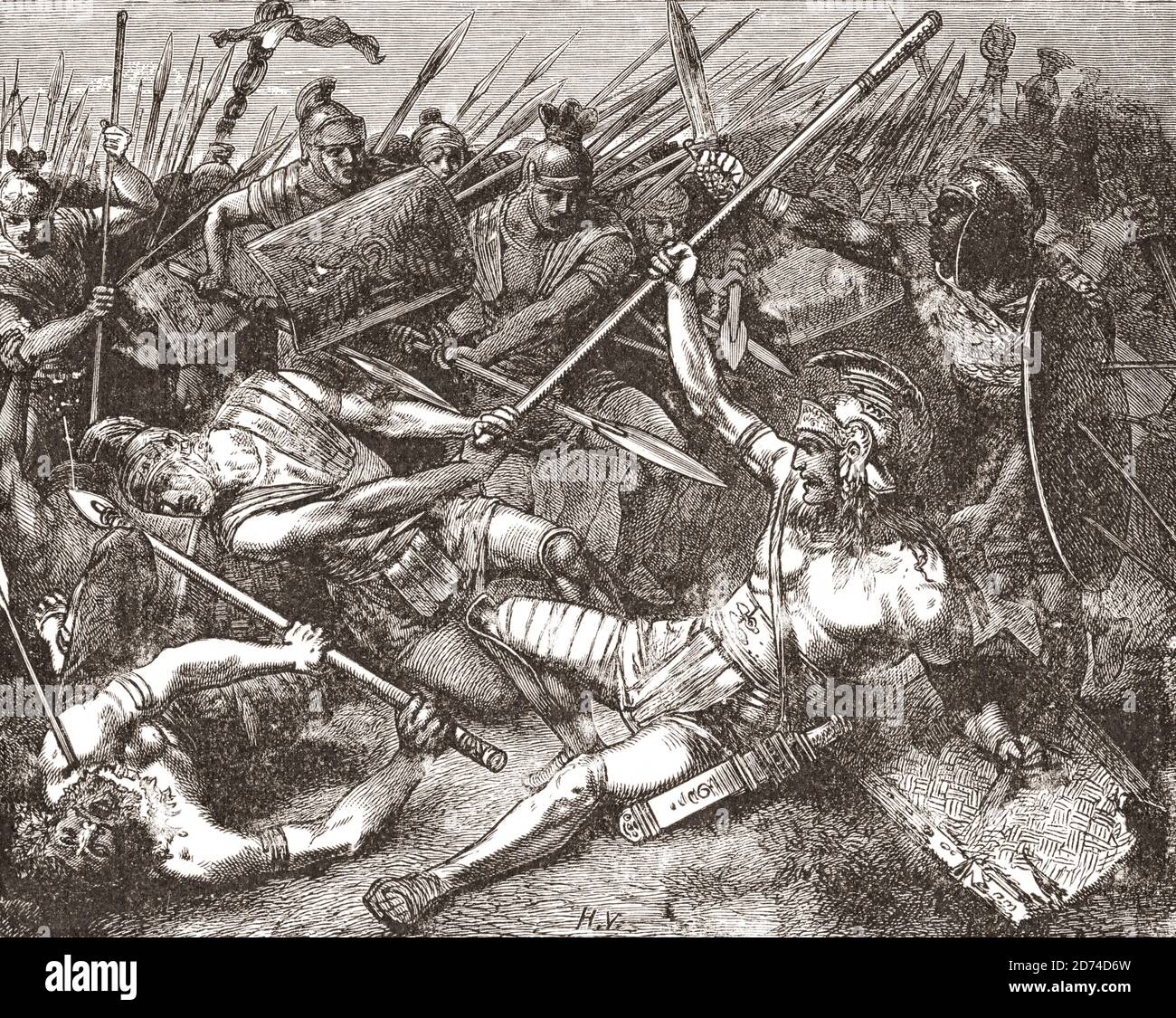 The death of Spartacus in 71 BC during the Battle of the Silarius River near Senerchia in the present day Province of Avellino, Campania, Italy.   His revolt ended after his force was defeated by the army of Marcus Licinius Crassus.  After a work by German artist Hermann Vogel. Stock Photo