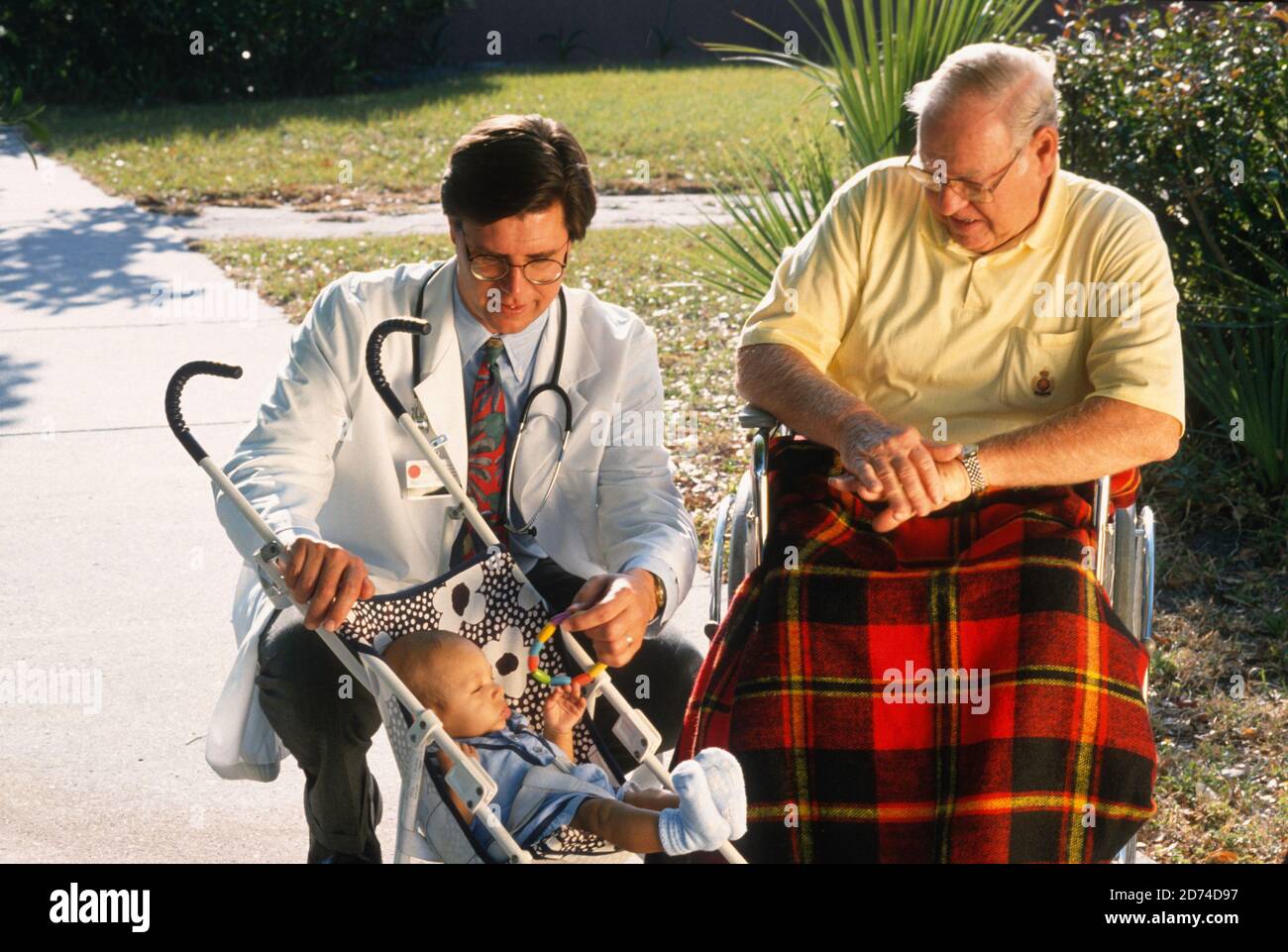 Doctor and the circle of Life with baby in a stroller and Wheelchair