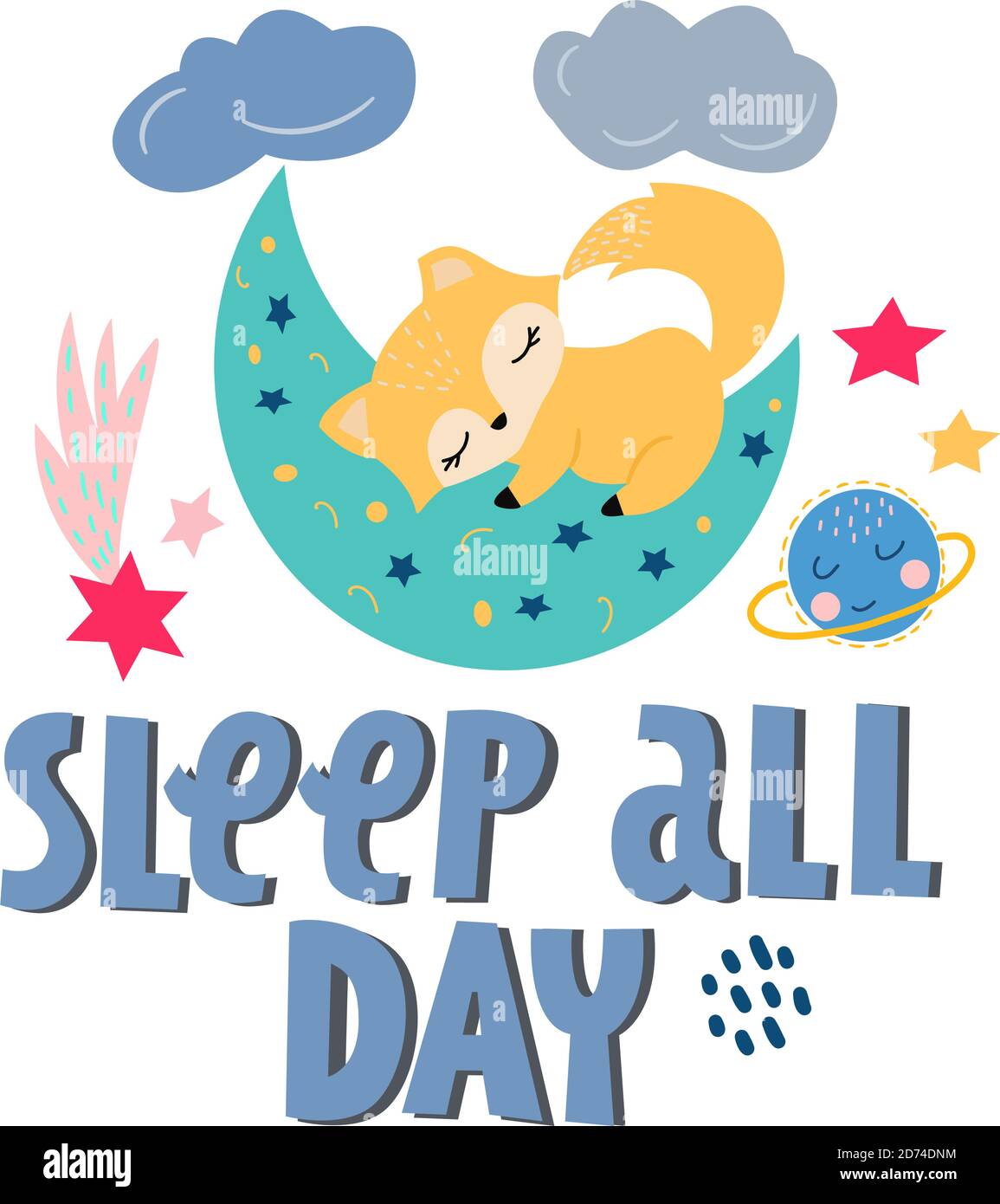 Vector image of a cute little fox sleeping on the moon, with the ...