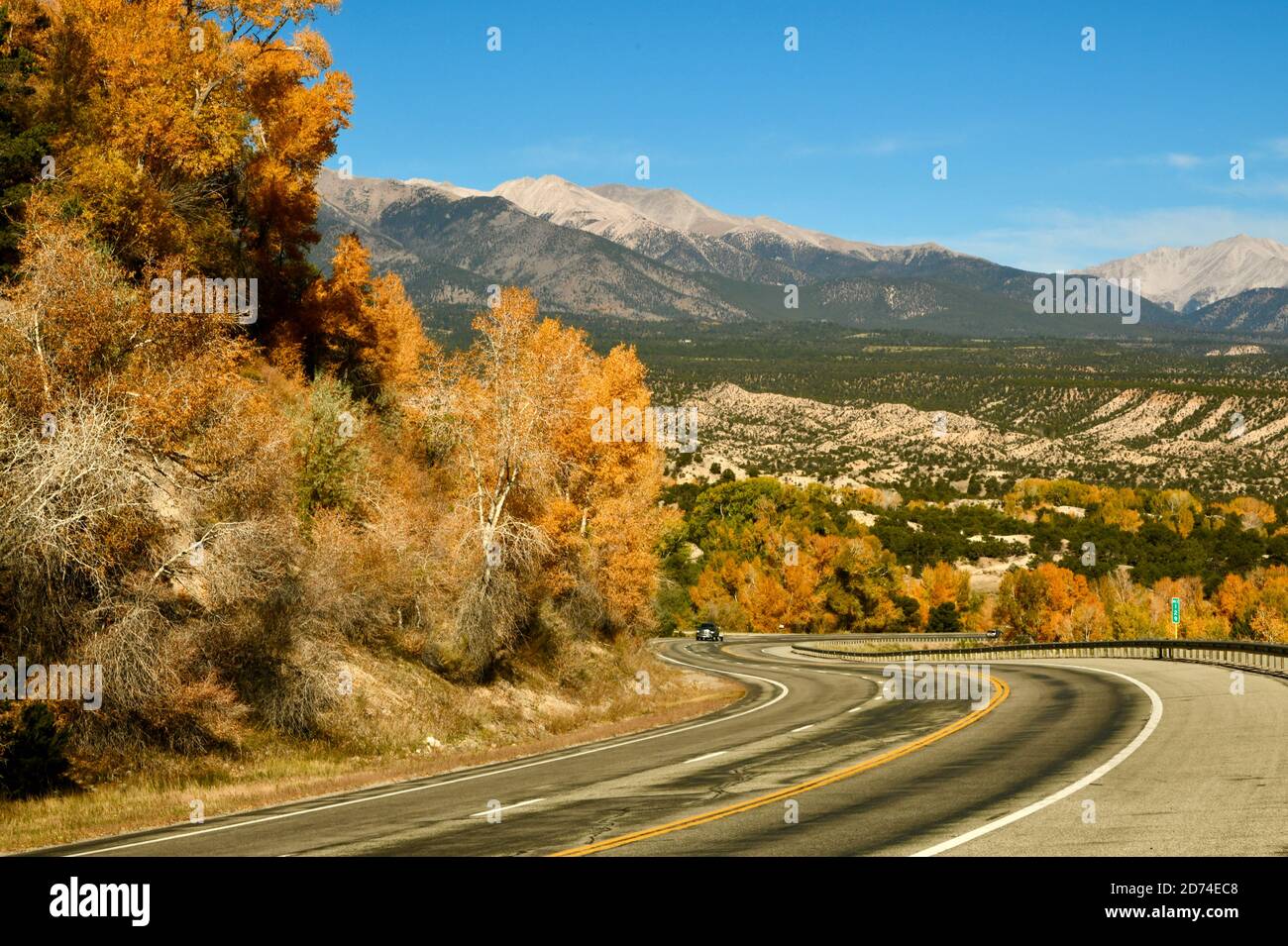 Beautiful Fall Drive on a Winding County Road in Salida, Colorado, USA.  Rocky Mountains. Stock Photo