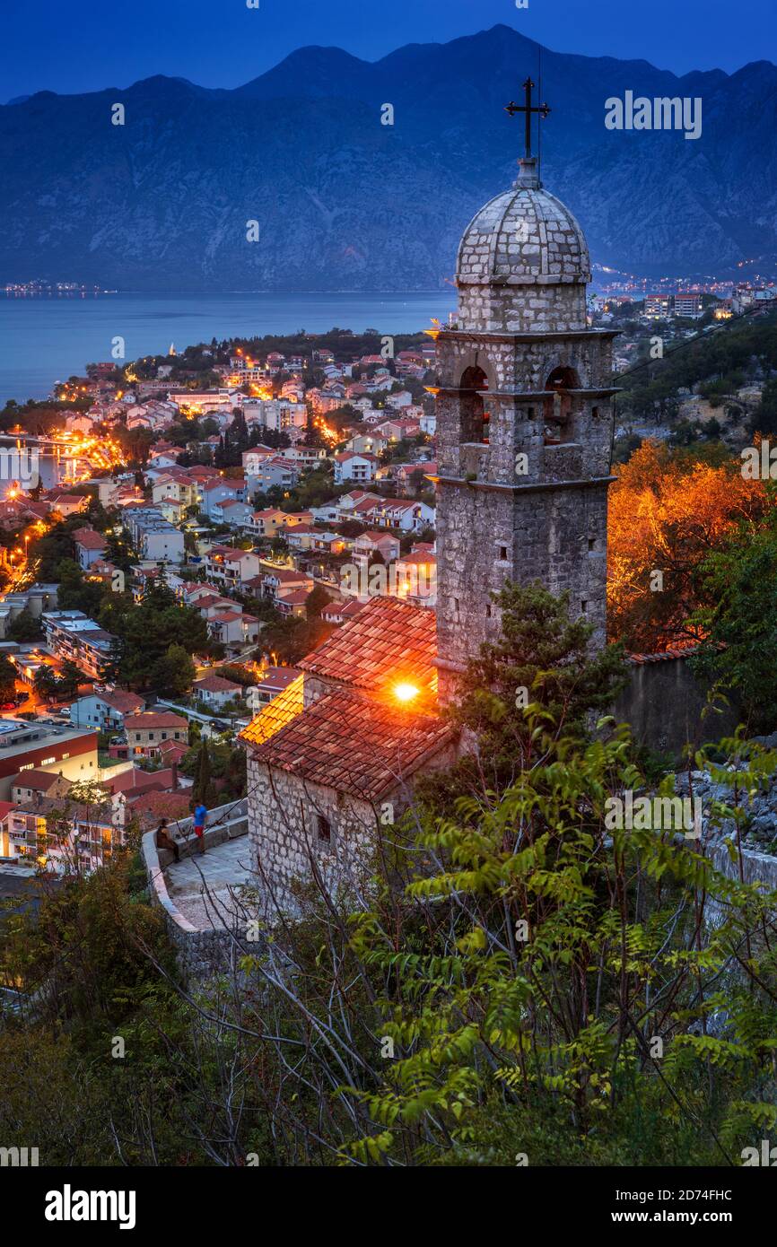 Night view of the Church of our Lady of Remedy,  located on the 240th metre altitude of the Ladder of Kotor on the way to the St John Fortress. Stock Photo