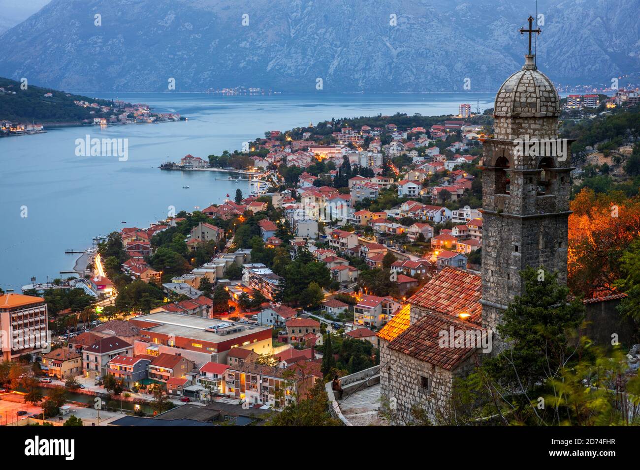 Night view of the Church of our Lady of Remedy,  located on the 240th metre altitude of the Ladder of Kotor on the way to the St John Fortress. Stock Photo