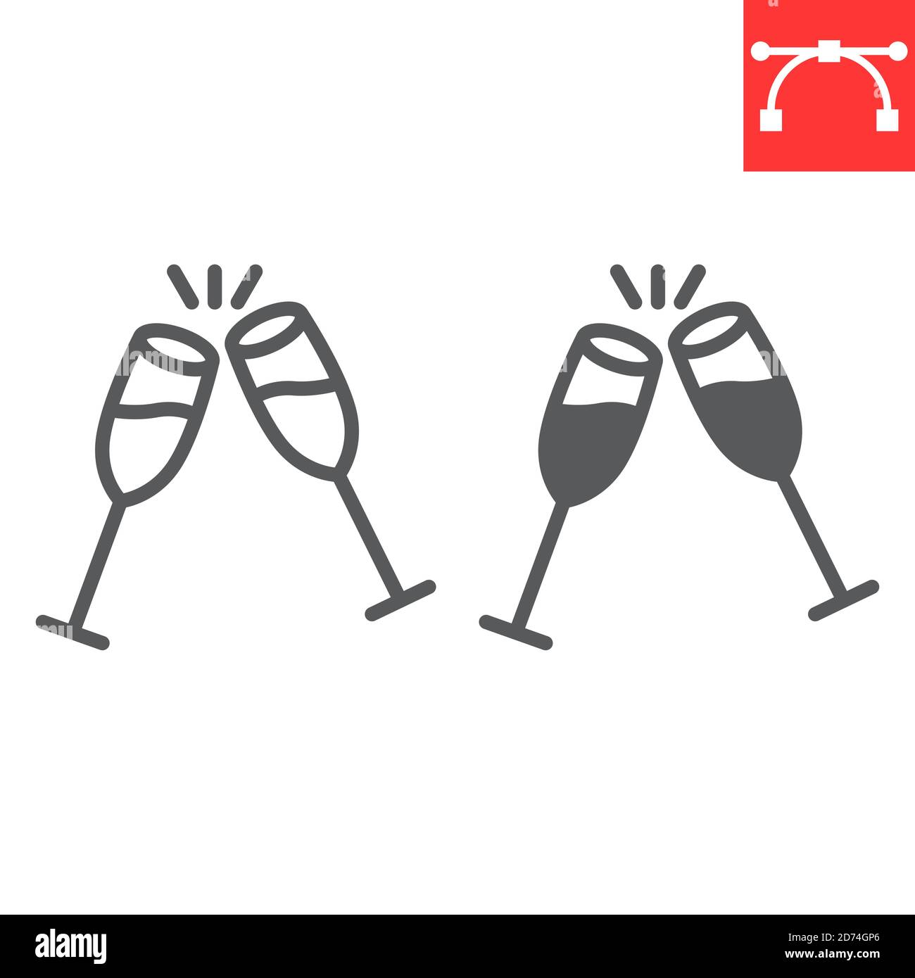 Champagne glasses line and glyph icon, merry christmas and toast, two ...