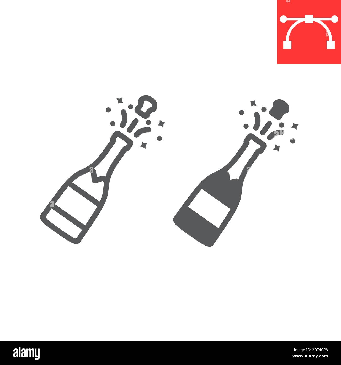 Champagne bottle popping line and glyph icon, merry christmas and drink ...