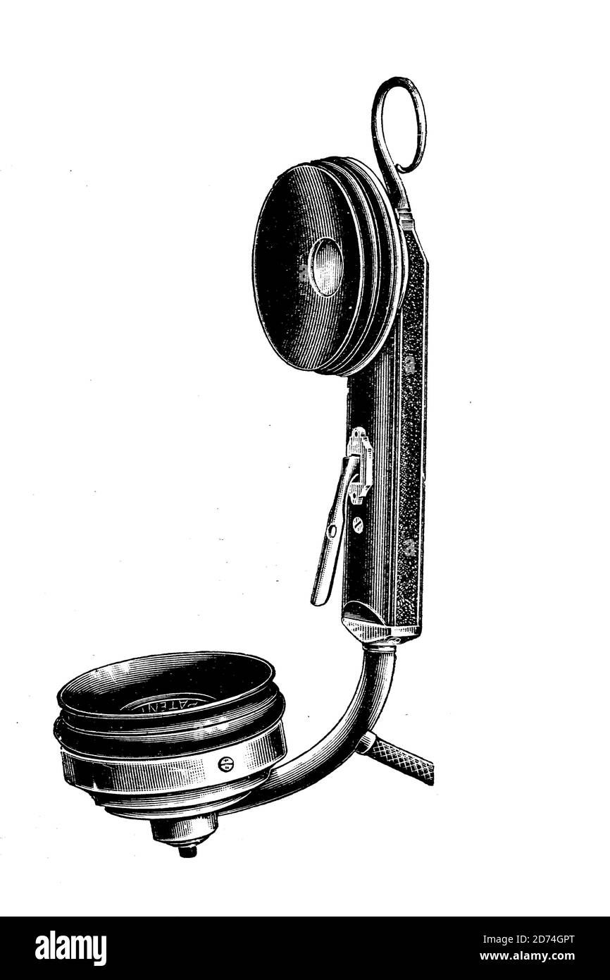 Telephone, stethoscope and speaking tube of the company Mix and Genest  /  Telefon, Hörrohr und Sprechrohr der Firma Mix und Genest, Historisch, historical, digital improved reproduction of an original from the 19th century / digitale Reproduktion einer Originalvorlage aus dem 19. Jahrhundert Stock Photo