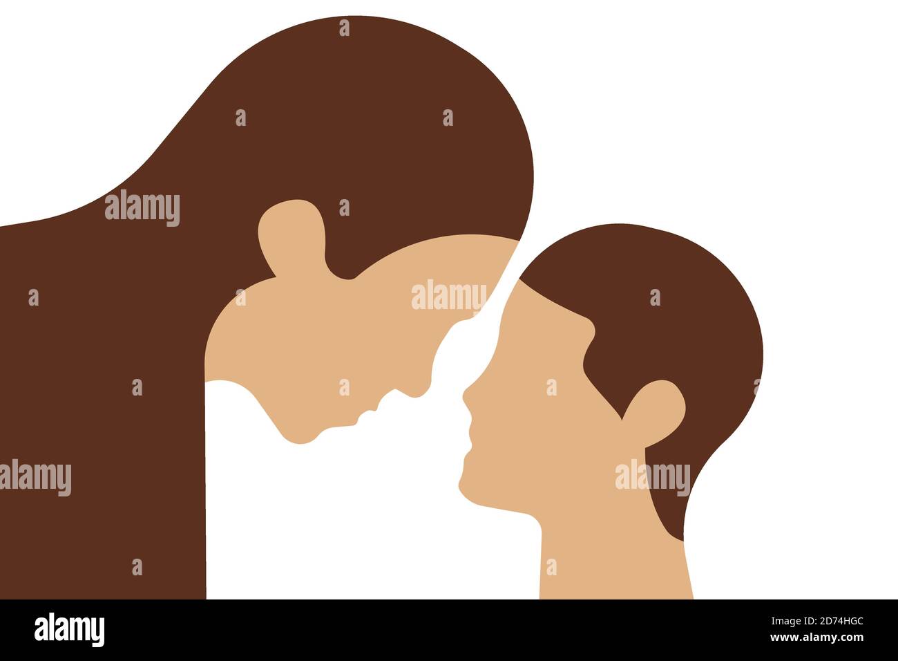 Caucasian mother and child face to face looking to each other. Simple shapes line art illustration. Stock Vector