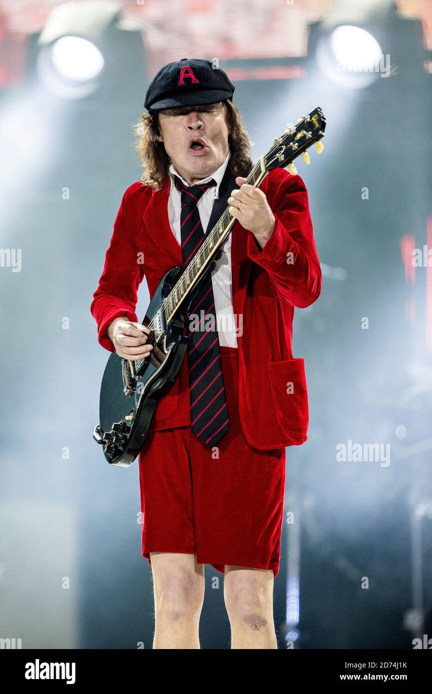 Copenhagen, Denmark. 15th, 2015. The Australian band AC/DC performs a live concert at Dyreskuepladsen in Roskilde as of the or Bust World 2015 Tour. Here guitarist Angus Young