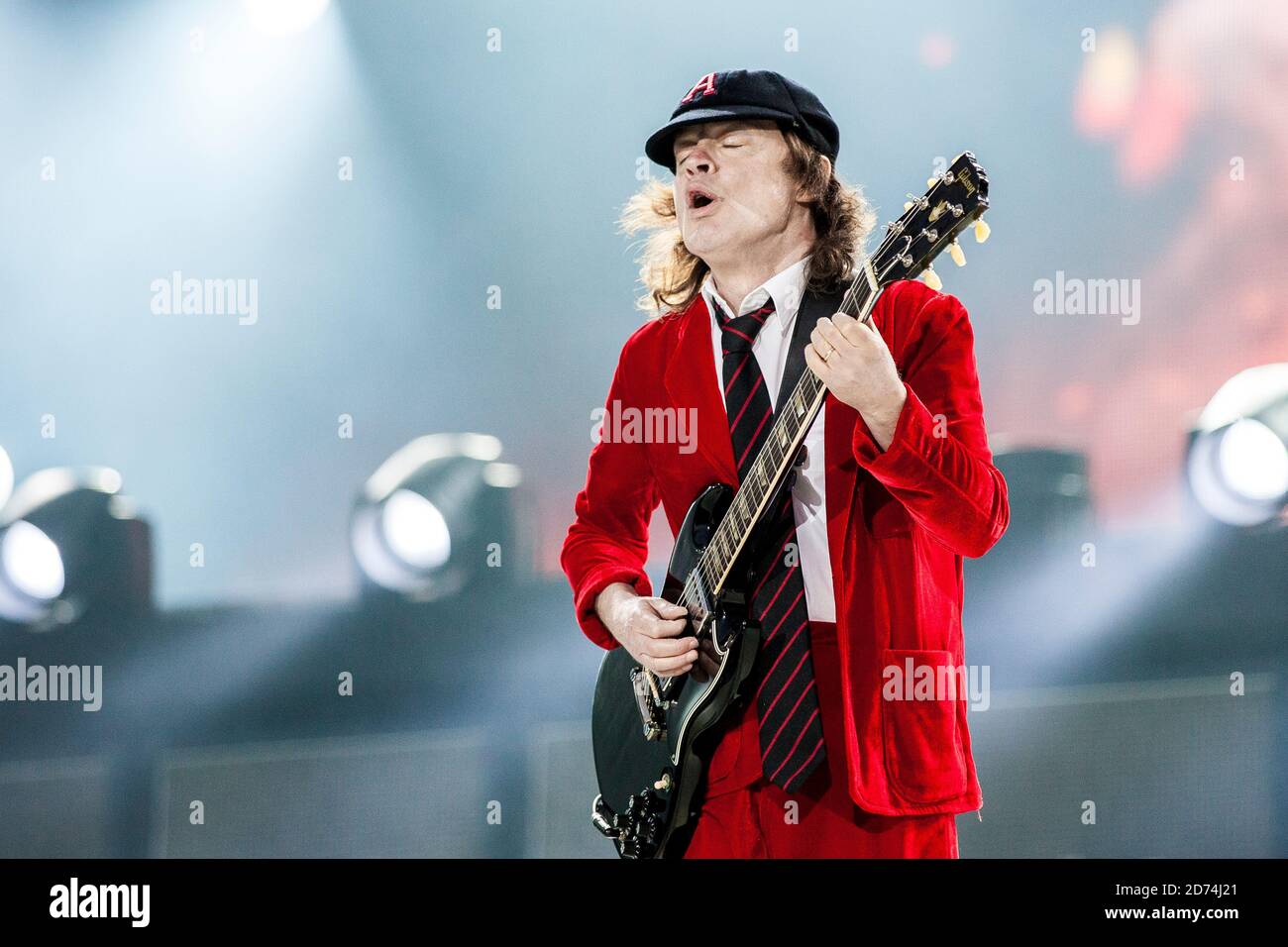 Copenhagen, Denmark. 15th, 2015. The Australian band AC/DC performs a live concert at Dyreskuepladsen in Roskilde as of the or Bust World 2015 Tour. Here guitarist Angus Young