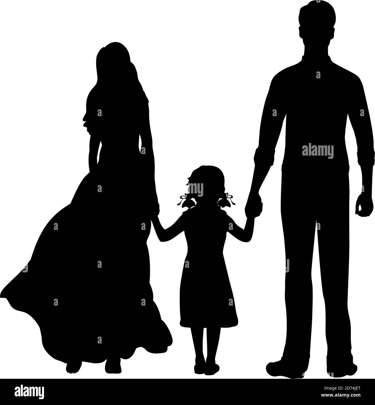 Silhouettes mother father and little daughter holding hands from back Stock Vector