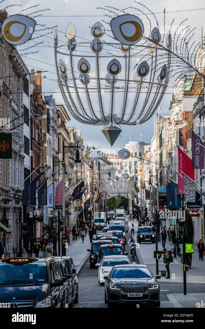 London, UK. 20th Oct, 2020. Christmas decorations are now up in New Bond Street. Credit: Guy Bell/Alamy Live News Stock Photo