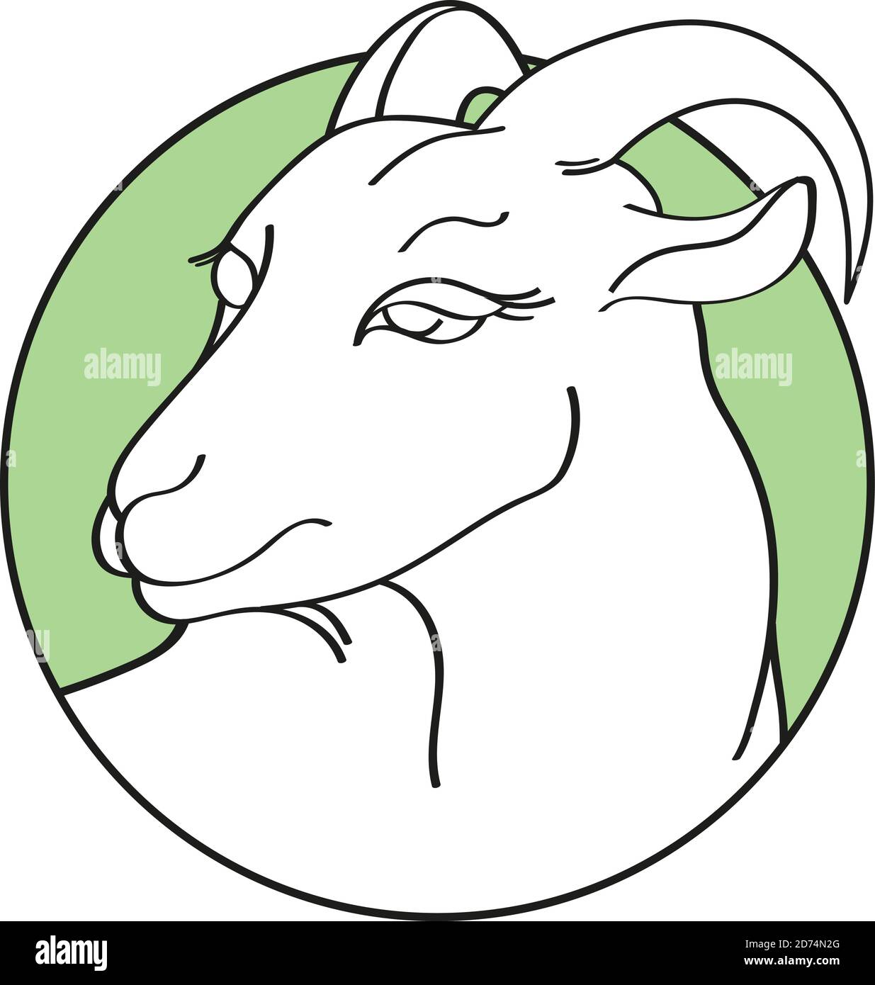 Handdrawn goat in round green frame isolated on a white background. Linear silhouette. Vector illustration. Emblem organic farmer cheese, milk or meat Stock Vector