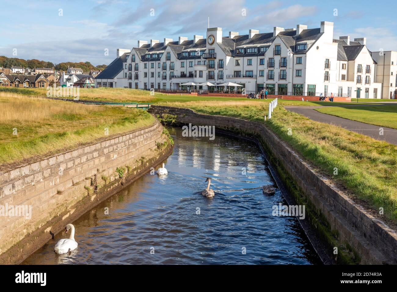View along the Barry Burn towards Carnoustie Hotel on Carnoustie Championship Golf Links Golf Course, towards the first tee, Carnoustie, Scotland Stock Photo