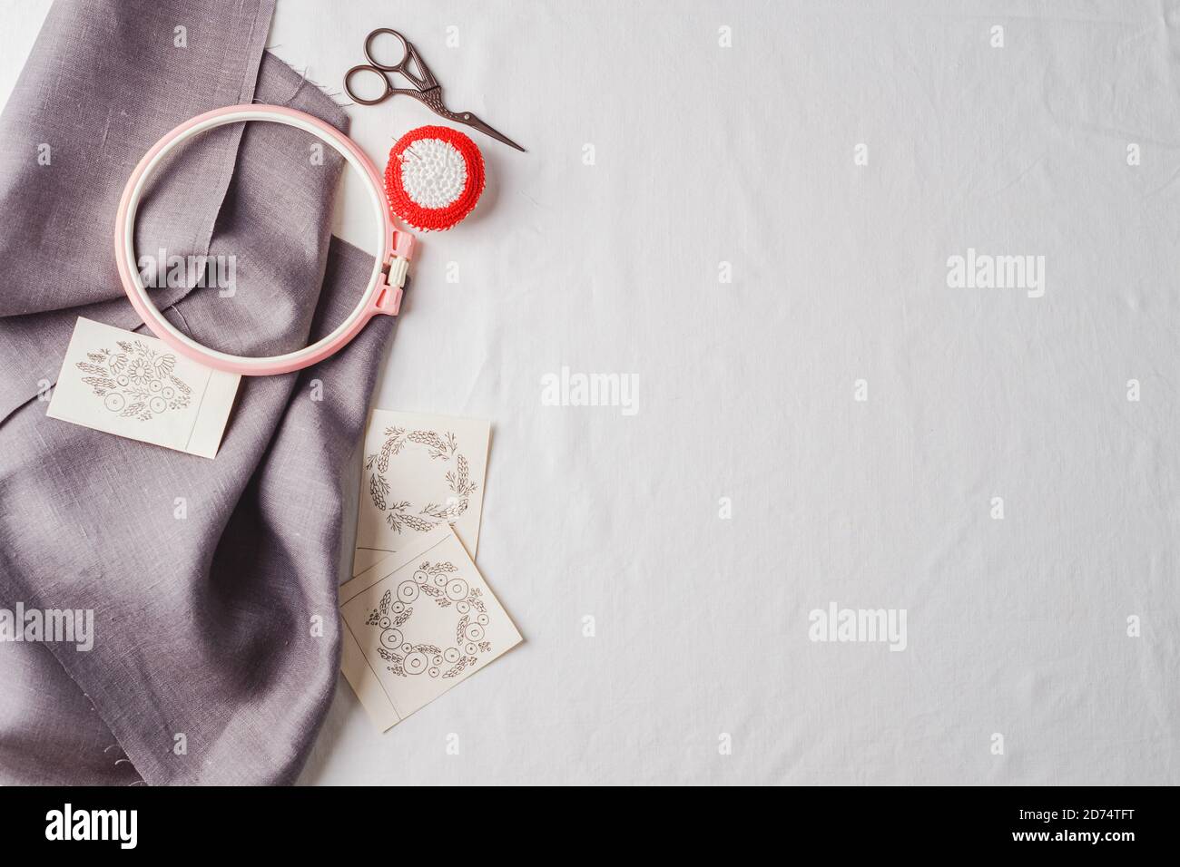 Embroidery set. White linen fabric, embroidery patterns, embroidery