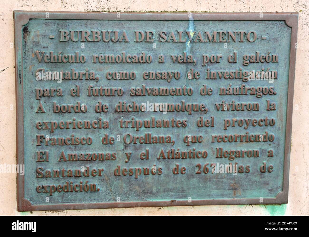 Bronze Spanish language plaque for a life saving bubble lived in for