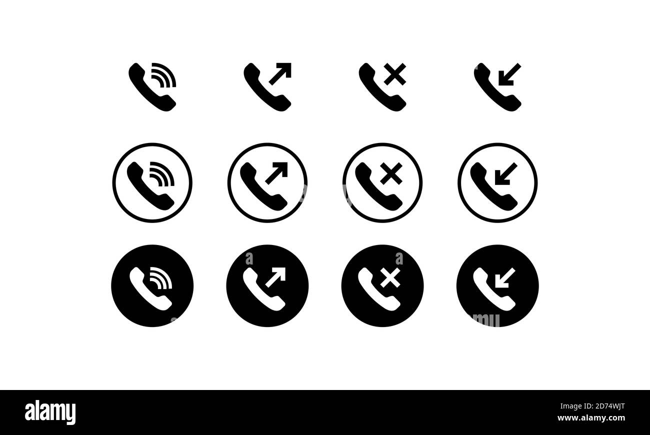 Phone icon set in black. Incoming, outgoing, missed and decline call. Vector on isolated white background. EPS 10 Stock Vector