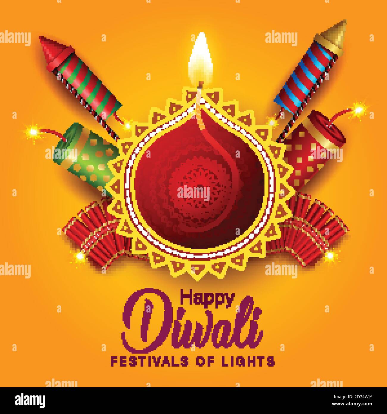 Happy Diwali celebration background. Top view of banner design decorated  with fire crackers on yellow background. vector illustration Stock Vector  Image & Art - Alamy