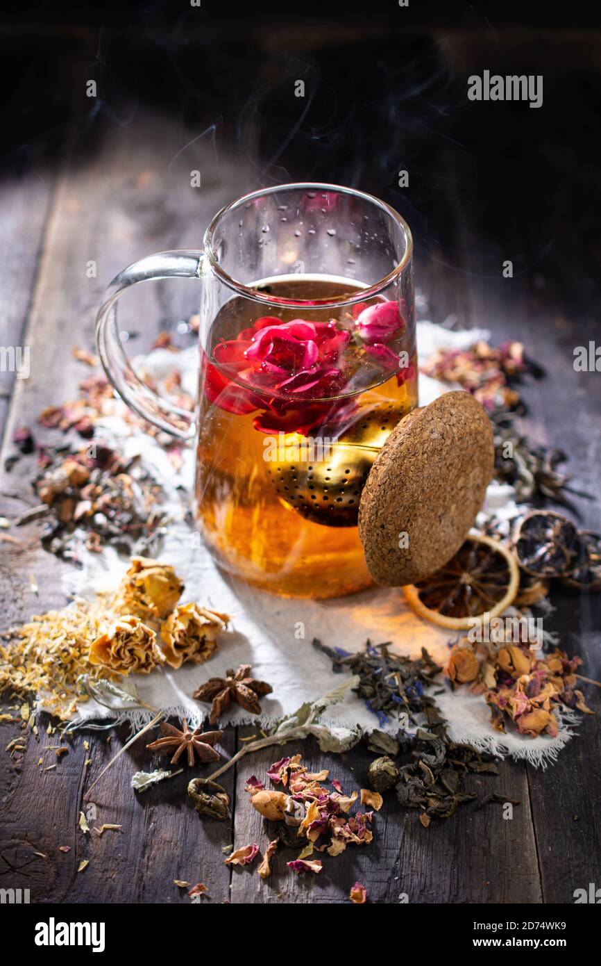 Herbal tea for an autumn day.Delicious food and drink.Breakfast.Wooden table.Healthy salad. Stock Photo