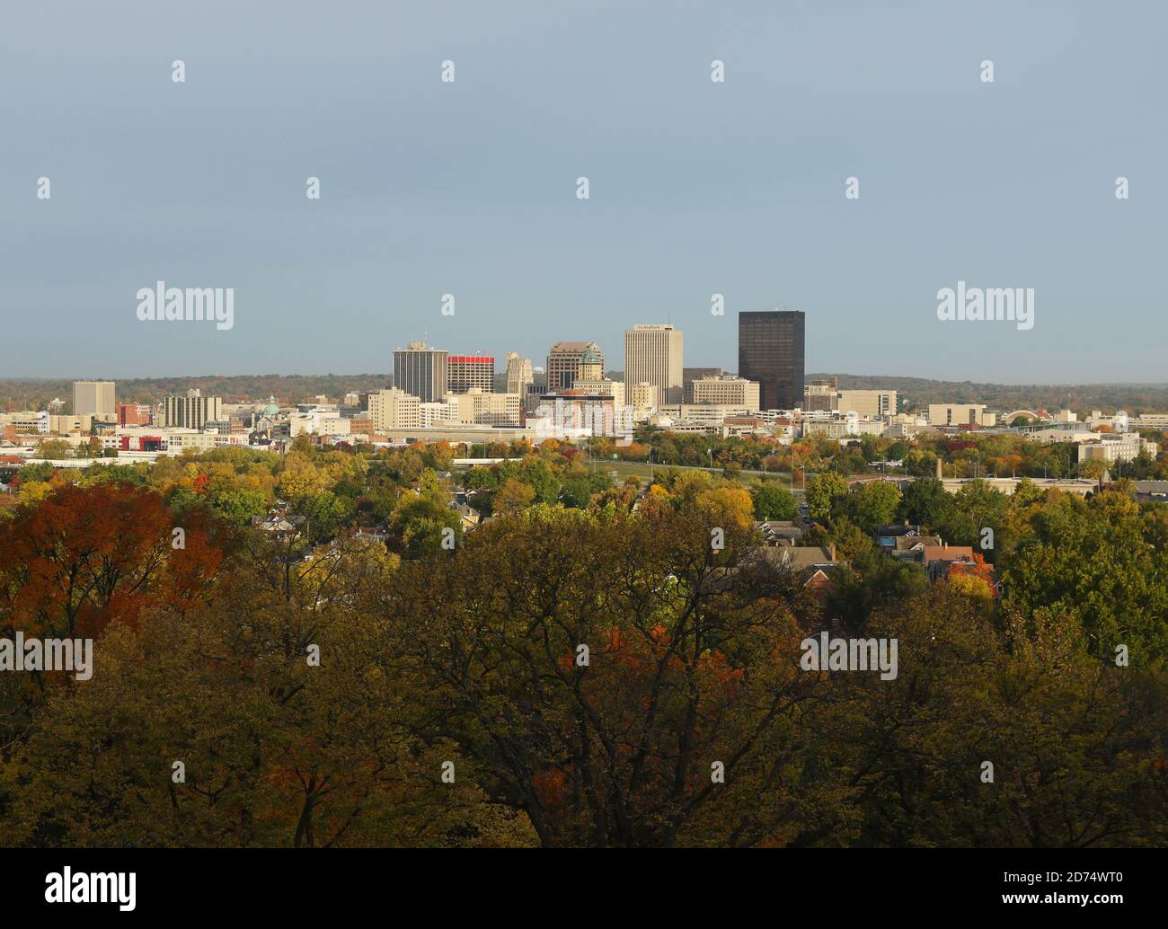 Dayton Skyline from Woodland Cemetery.  Autumn. Woodland Cemetery, Dayton, Ohio, USA. Stock Photo
