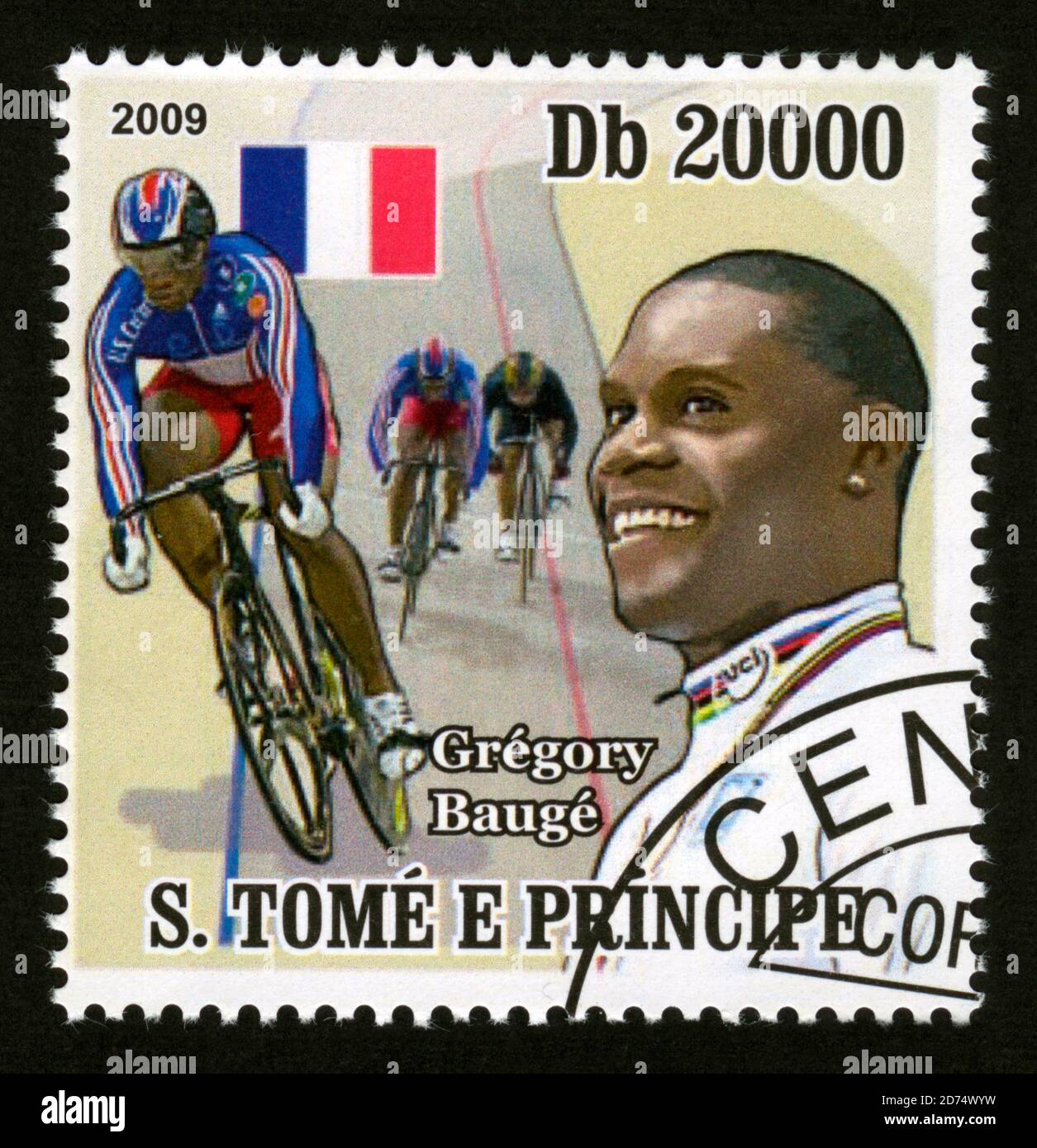 Stamp print in S.Tome & Principe,2009, cycling,Gregory Bauge Stock Photo