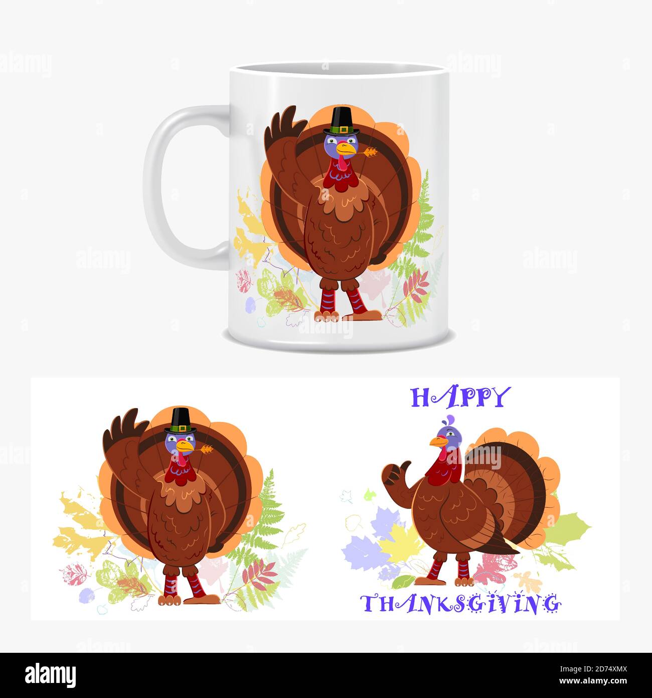 Cheerful cartoon turkey with Happy Thanksgiving lettering Stock Vector