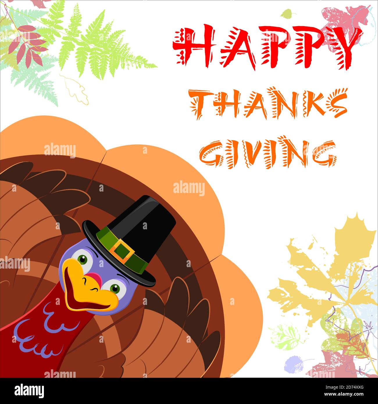 Cheerful cartoon turkey with Happy Thanksgiving lettering Stock Vector