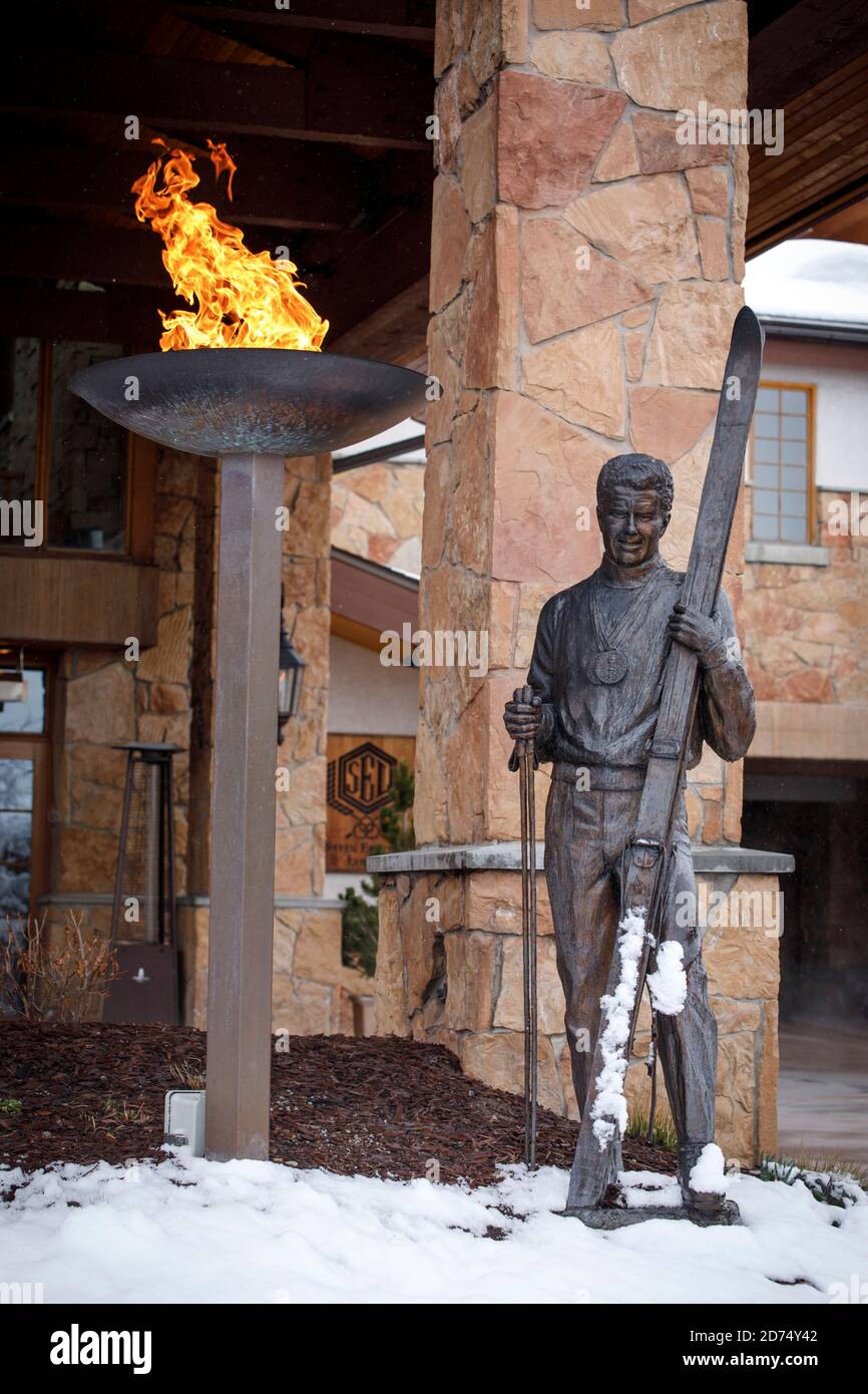 The entrance to the Stein Eriksen Lodge resort in Deer Valley, Utah. Stock Photo