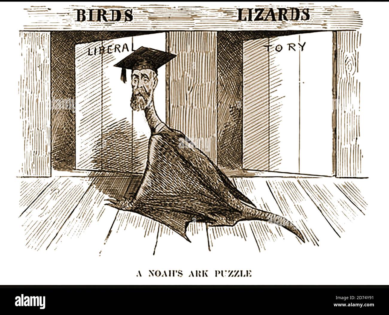 An early satirical satirical caricature of Sir Michael Foster (1836 – 1907) as a bat wearing a mortar board. He was an English physiologist  instrumental in organizing the Cambridge Biological School .He was also Secretary of the Royal Society and  was the father of experimental Physiology in Cambridge. The cartoon reflects his job of separating different species and likens the Liberal party to birds and the Tories to Lizards.He also founded The Journal of Physiology. Stock Photo