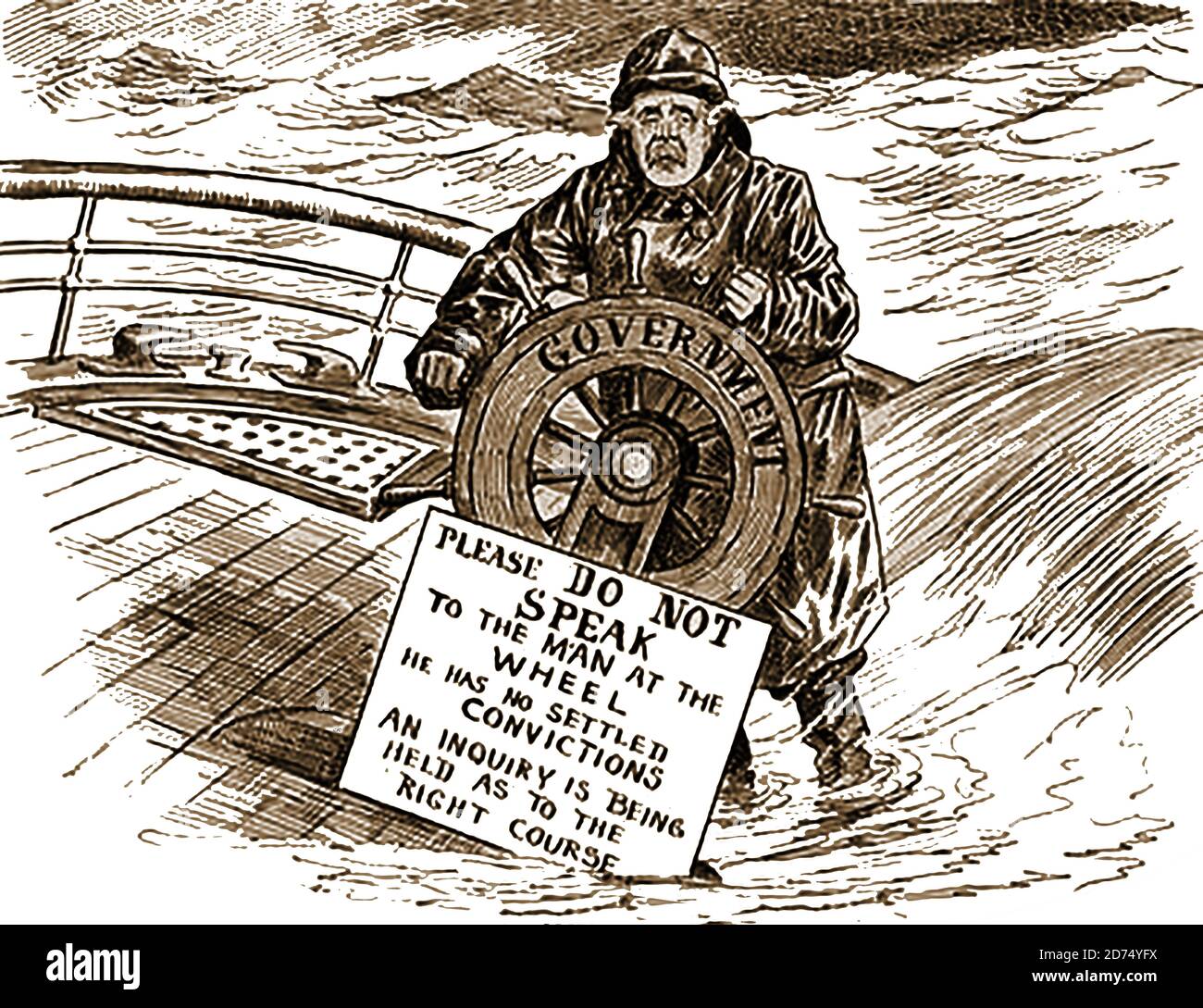 An old English satirical cartoon featuring Arthur James Balfour ,the  1st Earl of Balfour,  (1848 – 1930)   Conservative Prime Minister of the United Kingdom from 1902 to 1905. He's seen at the wheel of the foundering ship 'Government' . He suffered from public anger at the end of the Boer war  for 'counter-insurgency warfare and  barbarism' as well as  the importation of Chinese labour to South Africa ('Chinese slavery'). He resigned as prime minister in December 1905 Stock Photo