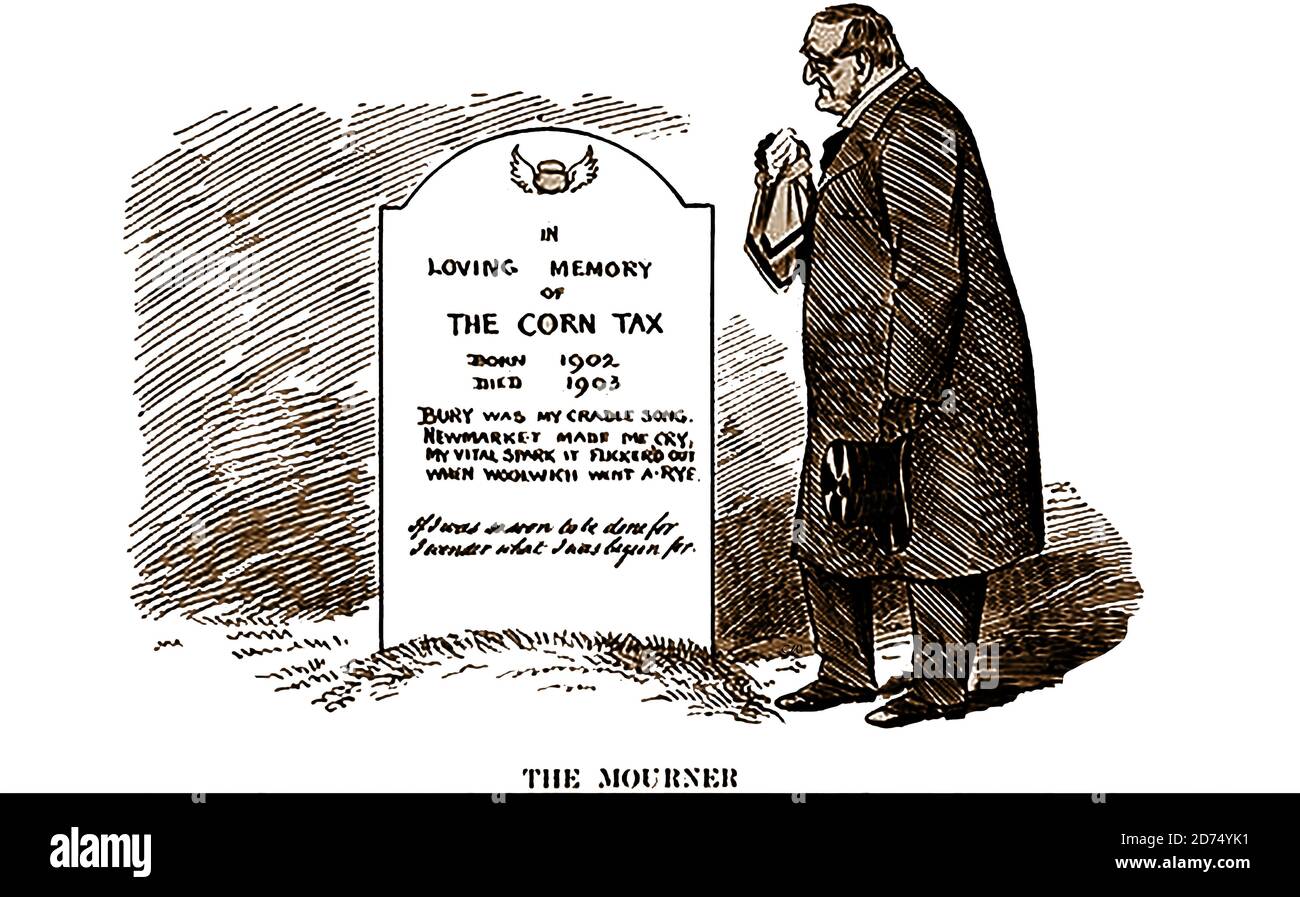 An old British political cartoon  showing a politician (believed to be Sir Edward Grey ) paying his respects at the death of the corn tax (1902-1903), a move by the British parliament in favour  of free trade. In 1902 The Conservative government  had  introduced a duty on corn as a revenue measure to help meet the cost of the Boer War,  but it was so unpopular that it was repealed a year later. Stock Photo