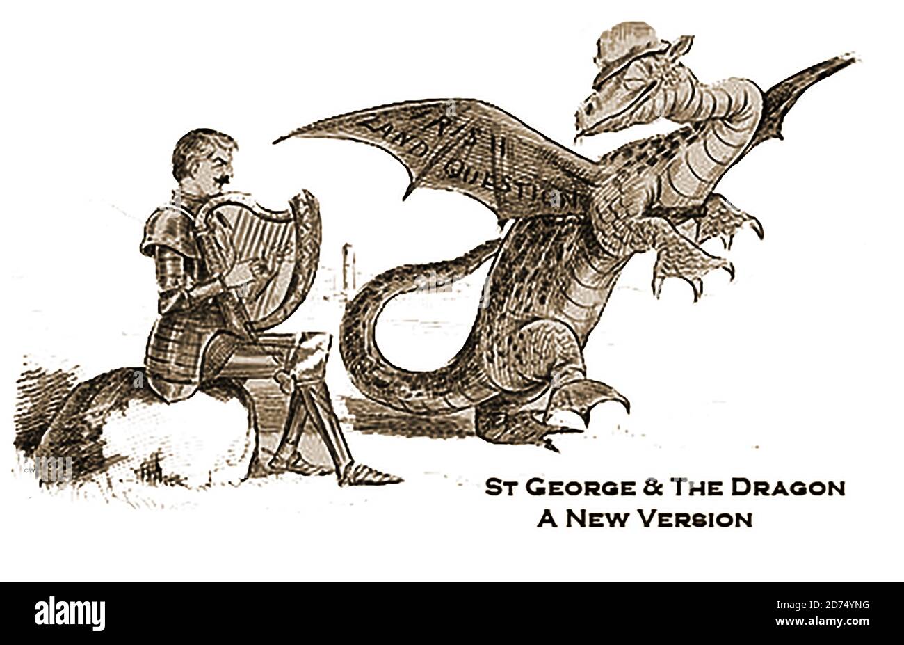 An  early 1900's  British satirical political cartoon  believed to show  British labour MP George Roberts (1868-1928)  playing up to the Welsh dragon (Prime Minister David Lloyd George .1863-1945) with his own Welsh Harp. Elected in 1906, He was a minister in the Lloyd George Coalition Government as Parliamentary Secretary to the Board of Trade, Minister of Labour, & Minister of Food Control.  He was appointed as a Privy Counsellor in 1917. Many believed that he was a sycophant or 'Yes Man'  (He switched parties twice) who achieved power by  always agreeing with or obeying those in power. Stock Photo